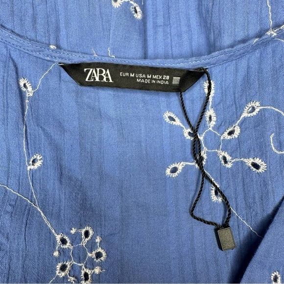 Zara NWOT Embroidered Mini Dress Size Medium Blue Babydoll Bohemian - Picture 7 of 8